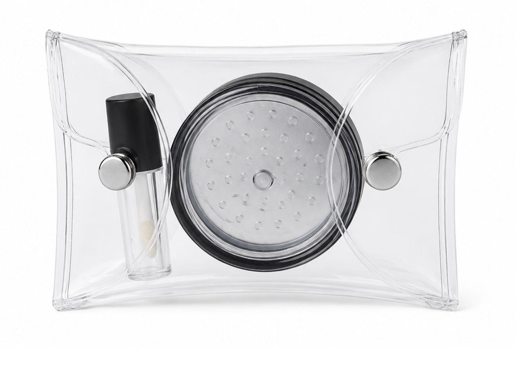 Professional Makeup Artist Touch-Up Kit– Clear PVC Cosmetic Pouch with Reusable Lip Gloss Container & Powder Container with Puff - TSA-Friendly Makeup Pouch for Weddings, Events & Travel