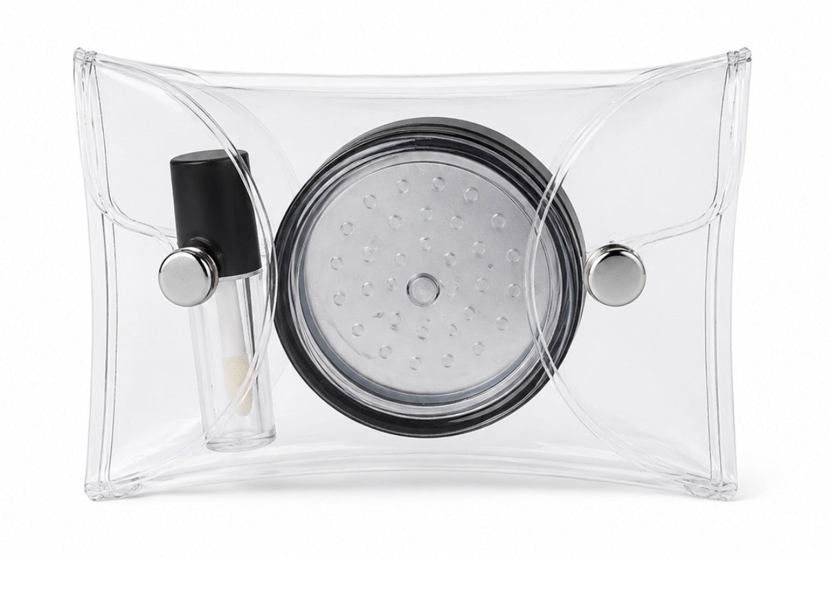 Professional Makeup Artist Touch-Up Kit– Clear PVC Cosmetic Pouch with Reusable Lip Gloss Container & Powder Container with Puff - TSA-Friendly Makeup Pouch for Weddings, Events & Travel